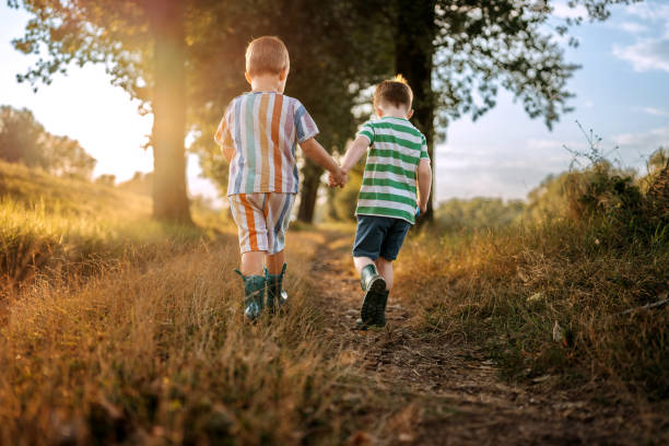 istock Rear view of two cute boys walking in nature together 1663241056