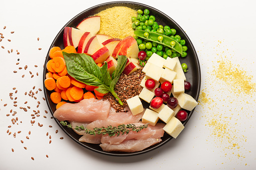 Overview plate with raw chicken slices and assortment of vegetables