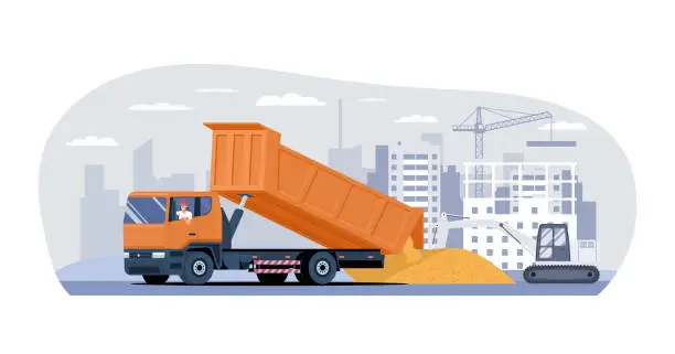 Vector illustration of Dump truck with driver unloads sand at construction site from a raised body