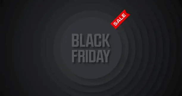 Vector illustration of Black Friday Sale. Concentric circles with shadows. Abstract dark background. Black circulars. Cut out paper. Red accent. Vector design