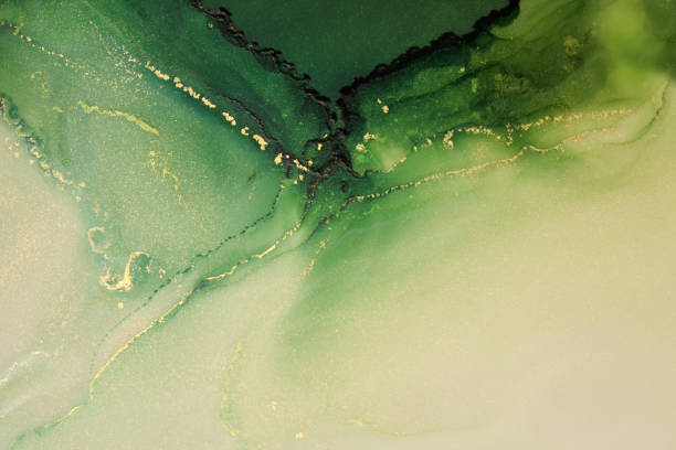 istock Art Abstract smoke painting blots horizontal copy space background. Alcohol ink green and gold colors. Marble texture. 1663274893