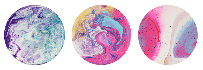 Color circle flow pour blots. Abstract background. Marble texture. Acrylic colors.