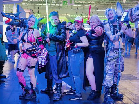 COLOGNE - AUG 26, 2023: Group of Cosplayers Posing at Gamescom Convention