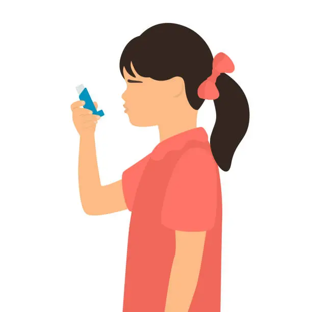 Vector illustration of Little Girl Using Asthma Inhaler For Preventing Disease Attack