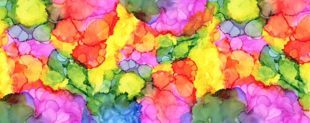 istock Abstract vioet and yellowr color horizontal long background. Marble texture. Alcohol ink colors. 1663286852