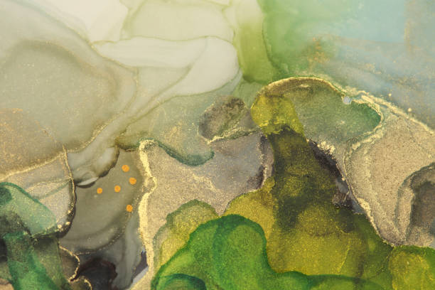 istock Art Abstract  watercolor flow blot painting. Color canvas marble texture copy space horizontal background. Green and Gold (bronze) Alcohol ink. 1663289048
