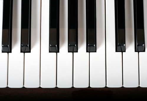 Close-up view of traditional piano keys