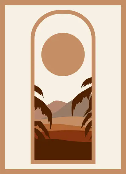 Vector illustration of Desert landscape view, sunny dunes and palms illustration