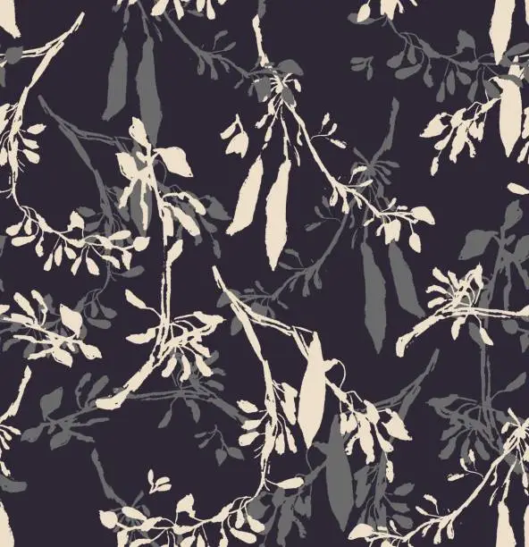Vector illustration of Dark moody seamless pattern of entangled acacia branches with blossom and pods