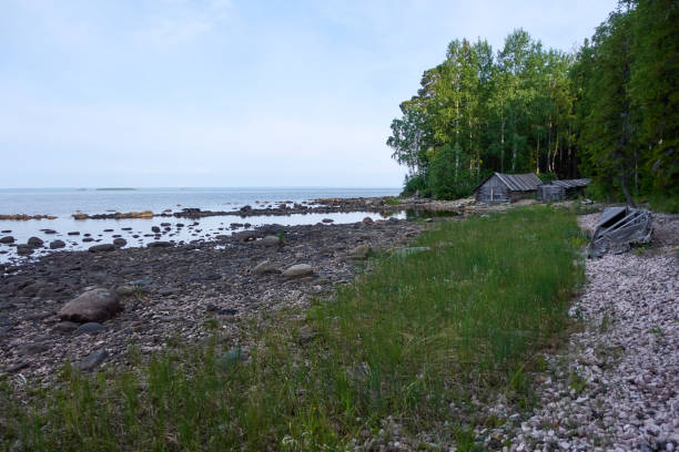 Fishing shack on the shore of the White Sea. White Sea, Kola Peninsula.