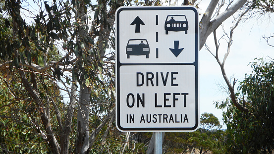 A road sign on the Great Ocean Road Reminding tourists to drive on the Left Hand side of the road in Australia