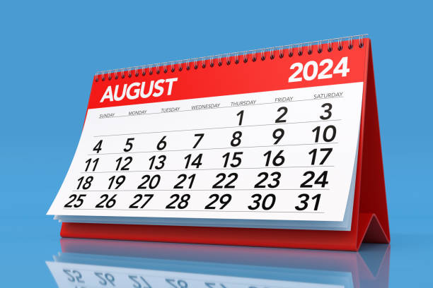 istock August 2024 Calendar. Isolated on Blue Background. 3D Illustration 1663318788