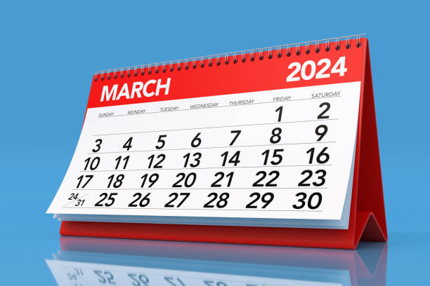 istock March 2024 Calendar. Isolated on Blue Background. 3D Illustration 1663318825