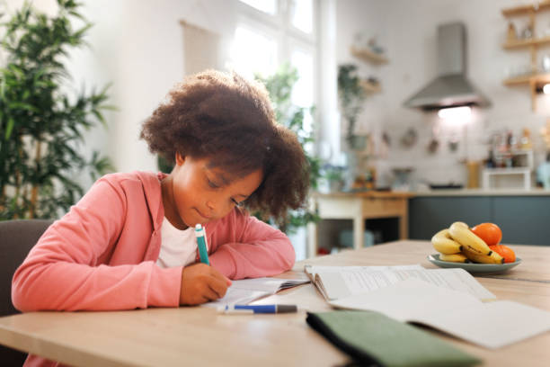 istock Young girl doing homework at home 1663319338