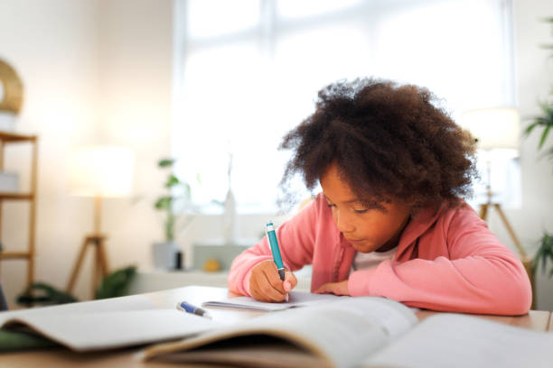 istock Young girl doing homework at home 1663319367