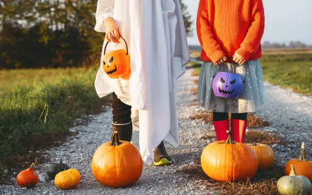 Treat or trick! Halloween Kids Holidays Concept. Funny children dressed costumes with candy buckets in nature. Happy kids wearing carnival costumes among orange pumpkins in countryside at October