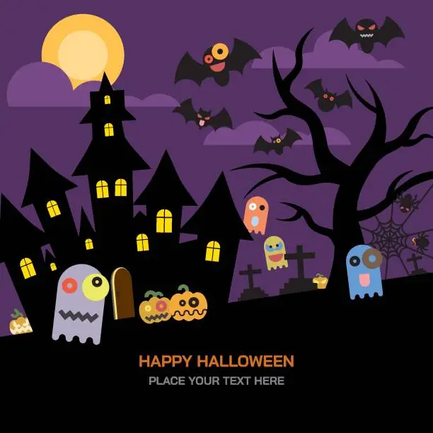 Vector illustration of Halloween night background with bats, pumpkin, haunted house and full moon vector illustration. Flyer or invitation template for Halloween party with blank space.