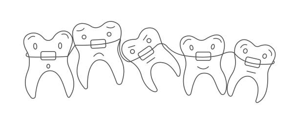 Doodle cute teeth with braces. Dental care. Oral hygiene concept for children for pediatric dentistry. Teeth cleaning and prevention. Healthy smile. Vector illustration Doodle cute teeth with braces. Dental care. Oral hygiene concept for children for pediatric dentistry. Teeth cleaning and prevention. Vector Hand draw illustration isolated on the white background. cute cartoon dental implants stock illustrations