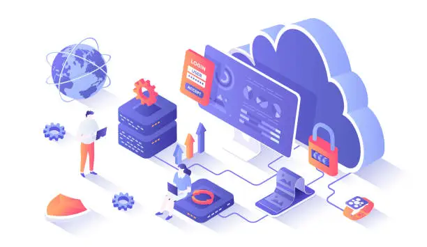 Vector illustration of Cloud computing, data storage, database system. Cloud storage server, data backup and exchange. Secure communication process. Isometry illustration with people scene for web graphic.