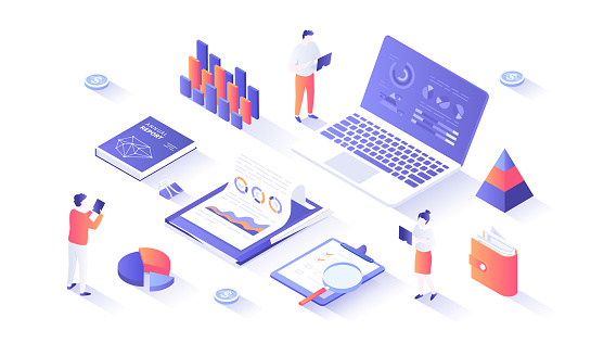 Financial report. Analytics, analysis, audit, results, research. Documents, reports, graphs and charts. Isometry illustration with people scene for web graphic.