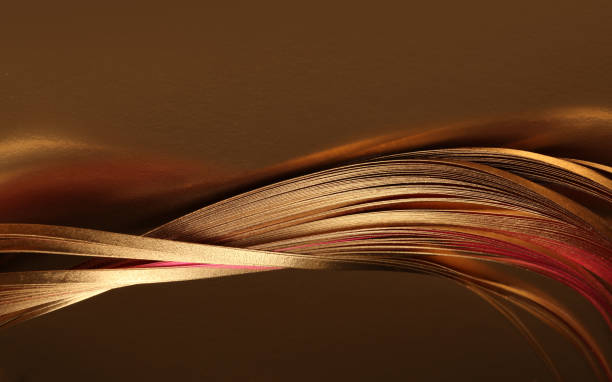 Abstract Gold (bronze) wave lines luxury ribbons on brown copy space background.