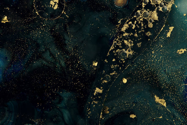 マクロ抽象的な黒と金色のテクスチャ背景。水と油のアクリル色。 - blob watercolor painting spotted ink ストックフォトと画像