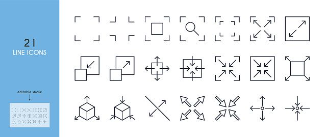 Scalable size line icon set. scalability, wide, perimeter, synchronize, big, fullscreen, boost, scope, grow, width, view, platform, video, enhance, depth, rate, architecture, scaling, app, page, black