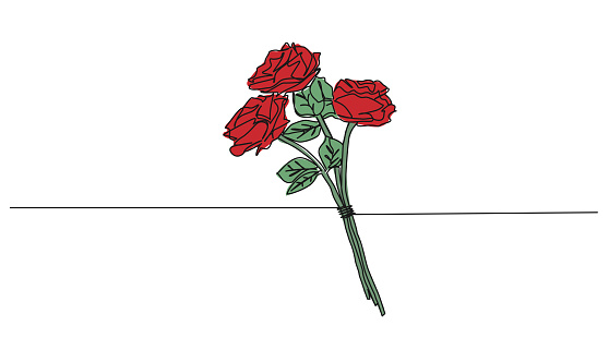 colorized continuous single line drawing of small bouquet of roses, bunch of flowers line art vector illustration