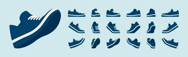 Sport shoes set, walking, racer running trainer, active game sneakers practice, performance. Athletic gym blue footwear, accessory. Health, wellness, physical education fitness cartoon illustration
