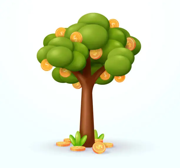 Vector illustration of Money investment. Money tree with coins underneath. 3d vector, suitable for business and design elements