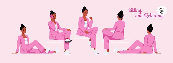 African american woman in pink suit sitting, relaxing pose set. Wide pants, loose fit business casual wear. Fashion, social media, style, beauty and pop culture blogger. Cartoon character illustration