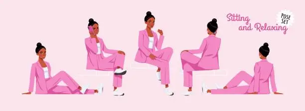 Vector illustration of African american woman in pink suit sitting, relaxing pose set