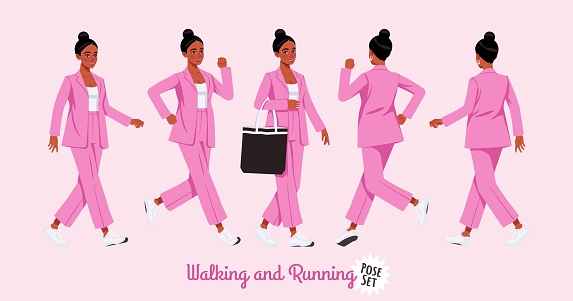 African american woman in pink suit walking, running pose set. Wide pants, loose fit business casual wear. Fashion, social media, style, beauty and pop culture blogger. Cartoon character illustration