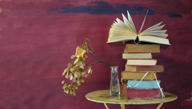 Stack of books with branch, autumn book fair,litertaure,relaxation,reading, learning, education concept