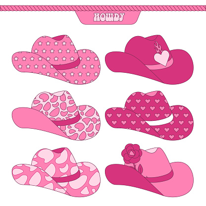 Retro Pink Cowgirl hats collection with various print patterns. 60s Howdy Cowboy western and wild west theme. Hand drawn contour flat vector illustration