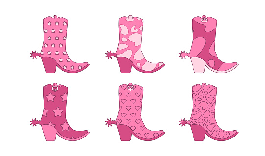 Set of pink trendy cowgirl boots with spurs and various ornaments. Flat contour vector illustration