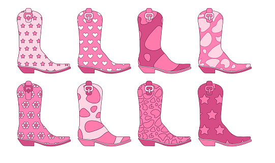 60s vintage pink Cowgirl boots collection. Howdy Cowboy western and wild west theme. Hand drawn vector set