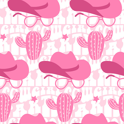 Retro seamless pattern with different Cowgirl hat, cactus, vintage sunglasses and text phrase on background. Pink Wild West fashion style vector for invitation, wrapping paper, packaging etc
