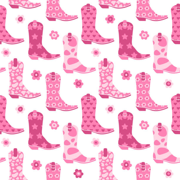 ilustrações de stock, clip art, desenhos animados e ícones de 60s vintage seamless pattern with pink cowgirl boots and flowers. traditional texas boots with various ornaments. wild west flat vector fashion style vector for invitation, wrapping paper, packaging - leather backgrounds textured wild west