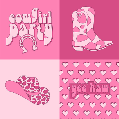 Collection of retro pink Cowboy square cards with Cowgirl boots, hat and lettreing text for Cowgirl party. Wallart vintage covers preppy set. 60s western and wild west theme. Hand drawn vector poster.