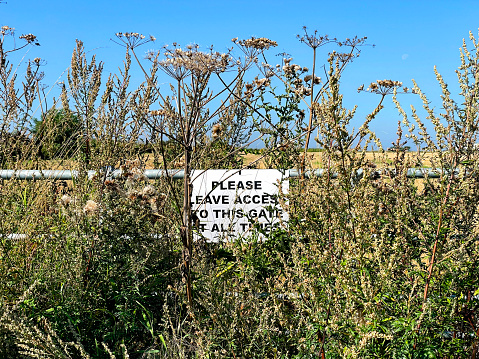 Over grown gate with access sign