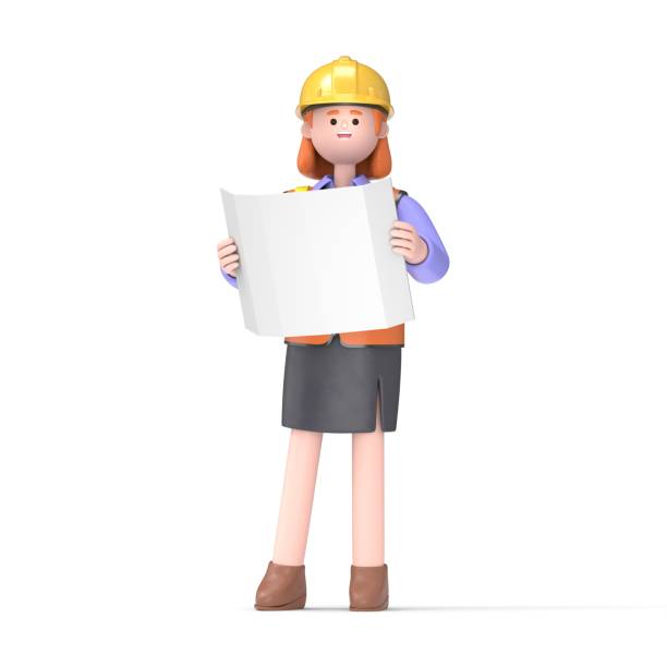 3D illustration of Female engineer Pam with reading a drawing.3D rendering on white background.