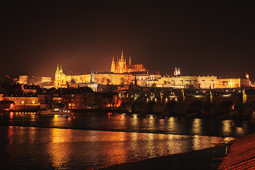 Christmas night cityscape of Prague in December