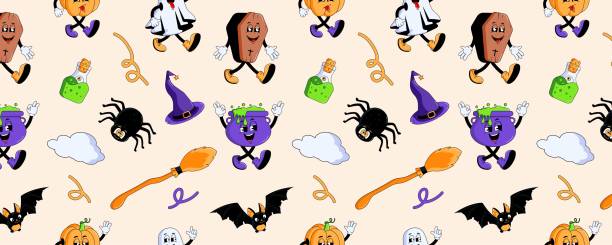 ilustraciones, imágenes clip art, dibujos animados e iconos de stock de groovy halloween patrón de otoño sin costuras. elementos y personajes de dibujos animados retro. calabaza, fantasma, araña, murciélago, poción. ilustración vectorial moderna. - witch halloween cauldron bat