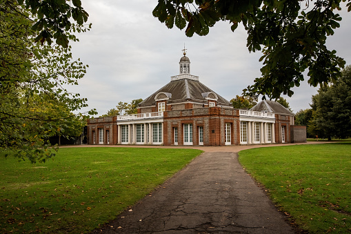 Facade Doric Columns Serpentine Gallery, Kensington Gardens, London traditional English architecture