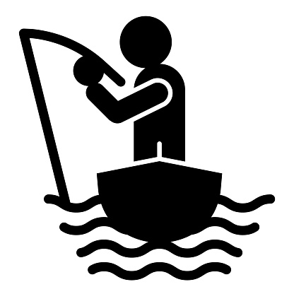 Fisherman on the boat solid icon. Fisherman with fishing rod vector illustration isolated on white. Man fishing glyph style designed for and app. Eps 10