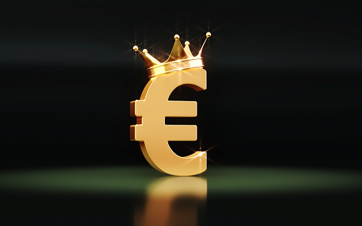 3d render Sitting King Crown Euro Sign on Green Background (Depth of field)