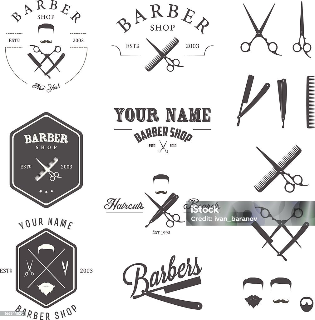 Conjunto de vintage barber shop etiquetas, emblemas e elementos de design - Vetor de Barbeiro - Salão de Cabeleireiro royalty-free