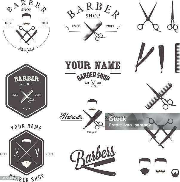 Vetores de Conjunto De Vintage Barber Shop Etiquetas Emblemas E Elementos De Design e mais imagens de Barbeiro - Salão de Cabeleireiro