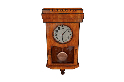 Very old retro rectangular wooden wall clock, isolated on white background